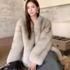 #2639 Women's Mid Length V-Neck Fox Fur Coat, Luxury Fluffy Winter Fur Outerwear.A