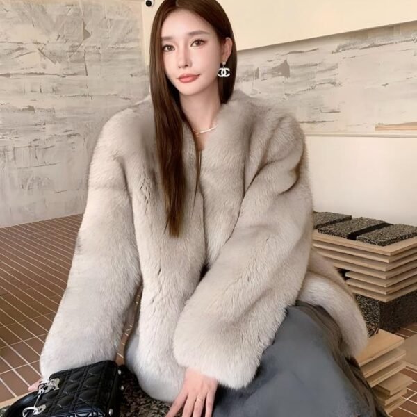 #2639 Women's Mid Length V-Neck Fox Fur Coat, Luxury Fluffy Winter Fur Outerwear.A