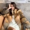 #2637 Women's Mid Length Golden Edge Fox Fur Coat, Natural Gradient Fluffy Luxury Winter Fur Outerwear.E