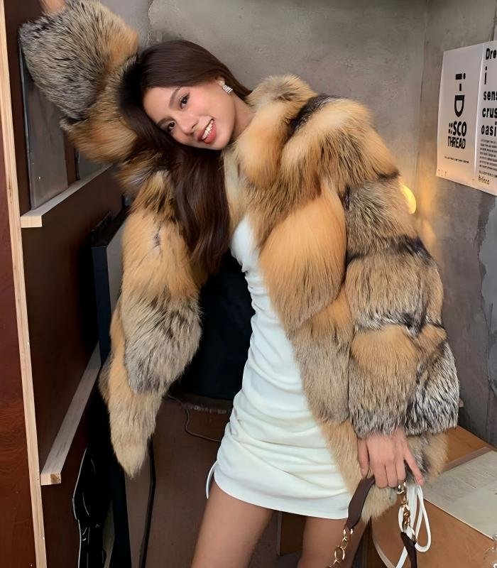 #2637 Women's Mid Length Golden Edge Fox Fur Coat, Natural Gradient Fluffy Luxury Winter Fur Outerwear.D