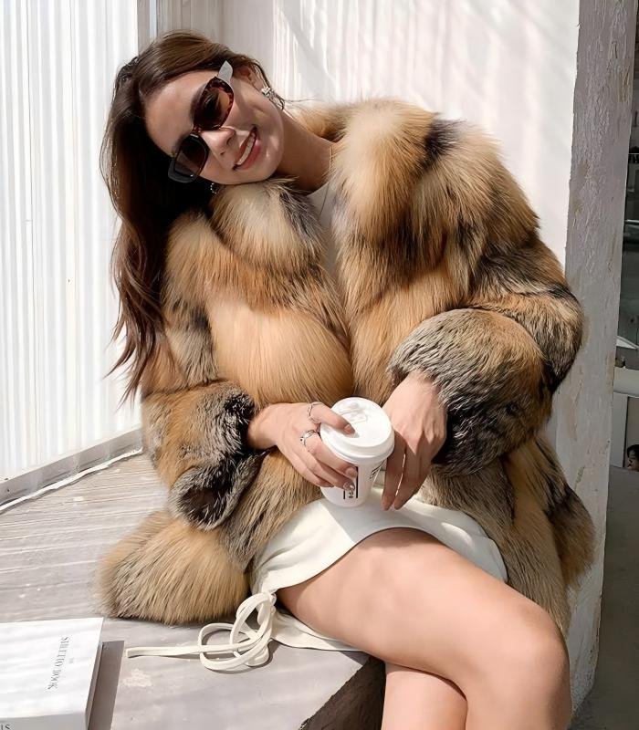 #2637 Women's Mid Length Golden Edge Fox Fur Coat, Natural Gradient Fluffy Luxury Winter Fur Outerwear.C
