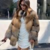 #2637 Women's Mid Length Golden Edge Fox Fur Coat, Natural Gradient Fluffy Luxury Winter Fur Outerwear.B