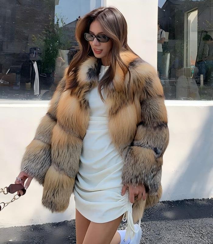 #2637 Women's Mid Length Golden Edge Fox Fur Coat, Natural Gradient Fluffy Luxury Winter Fur Outerwear.B