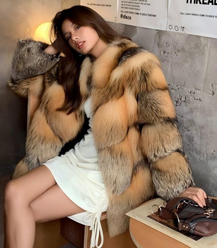 #2637 Women's Mid Length Golden Edge Fox Fur Coat, Natural Gradient Fluffy Luxury Winter Fur Outerwear.A