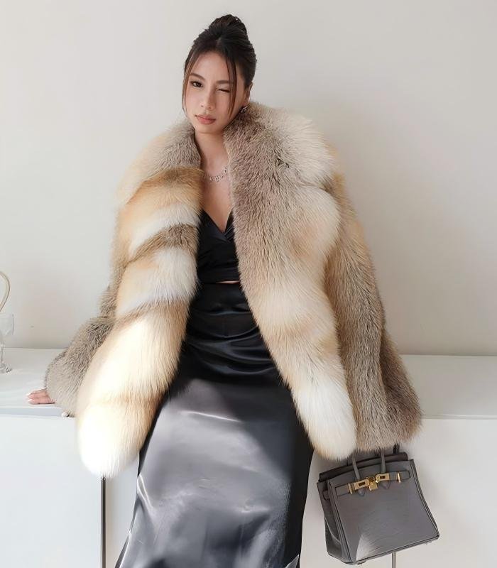 #2638 Women's Golden Island Fox Fur Mid Length Coat, Luxury Vintage Fluffy Winter Fur Outerwear.E
