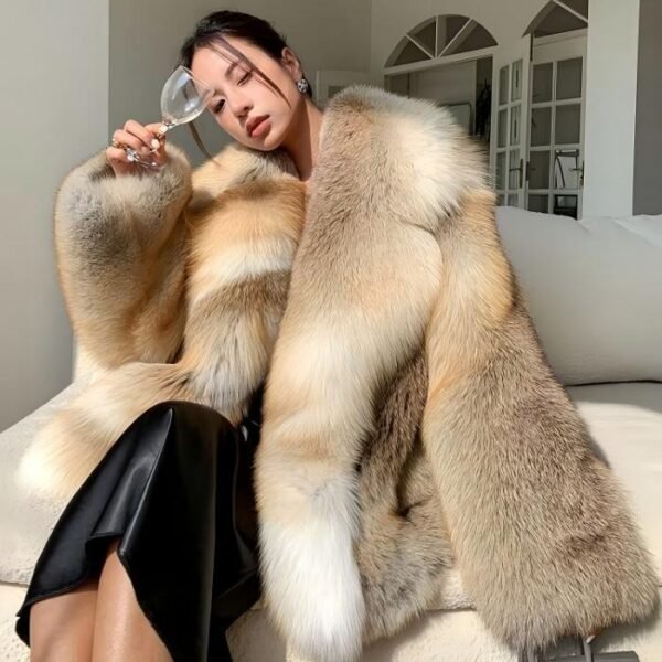 #2638 Women's Golden Island Fox Fur Mid Length Coat, Luxury Vintage Fluffy Winter Fur Outerwear.D