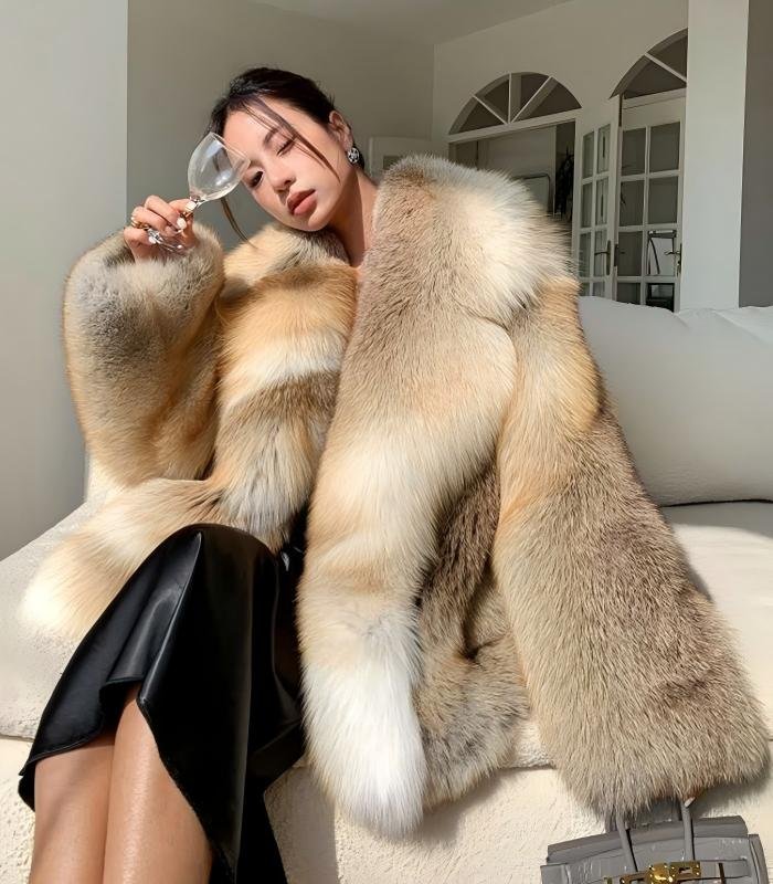 #2638 Women's Golden Island Fox Fur Mid Length Coat, Luxury Vintage Fluffy Winter Fur Outerwear.D