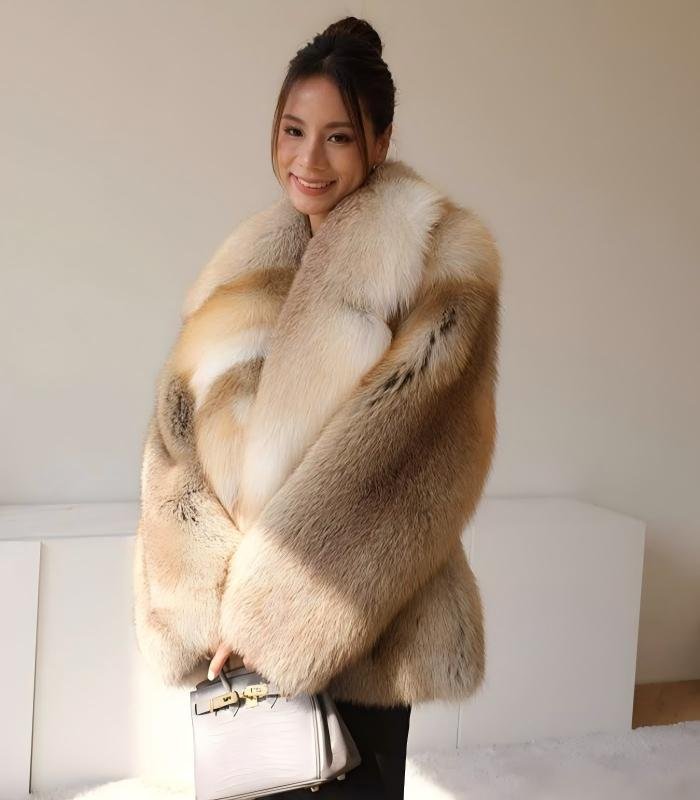#2638 Women's Golden Island Fox Fur Mid Length Coat, Luxury Vintage Fluffy Winter Fur Outerwear.C