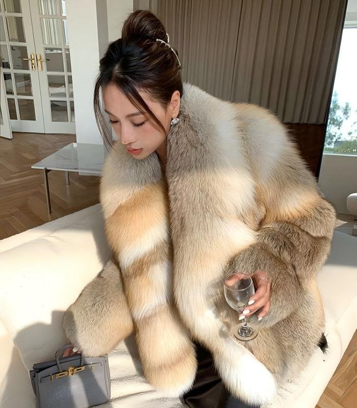 #2638 Women's Golden Island Fox Fur Mid Length Coat, Luxury Vintage Fluffy Winter Fur Outerwear.B
