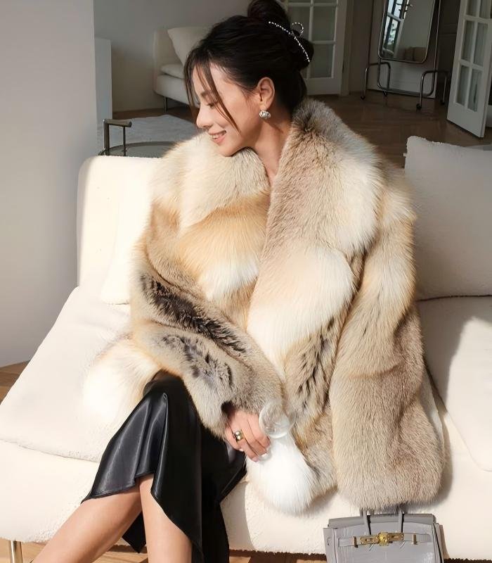 #2638 Women's Golden Island Fox Fur Mid Length Coat, Luxury Vintage Fluffy Winter Fur Outerwear.A
