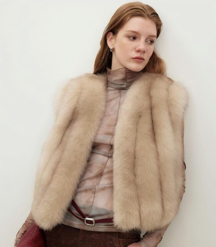 #2640 Women's Fox Fur Vest, V-Neck Fluffy Sleeveless Winter Fur Gilet.D