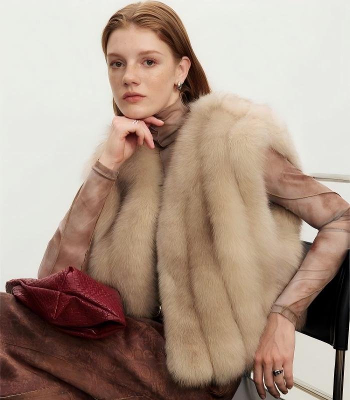 #2640 Women's Fox Fur Vest, V-Neck Fluffy Sleeveless Winter Fur Gilet.C