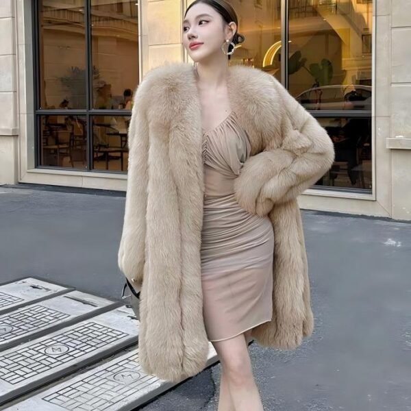 #2641 Women's Mid Length Fox Fur Coat, Cream Beige Luxury Fluffy Winter Fur Outerwear.D