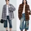 #2642 Women's Mid Length Rex Rabbit Fur Coat, Horizontal Striped Luxury Winter Outerwear.D
