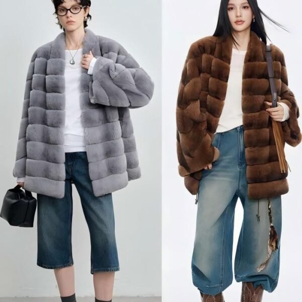 #2642 Women's Mid Length Rex Rabbit Fur Coat, Horizontal Striped Luxury Winter Outerwear.D