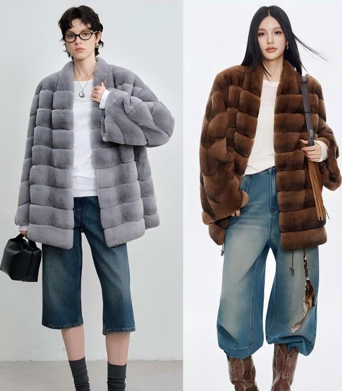 #2642 Women's Mid Length Rex Rabbit Fur Coat, Horizontal Striped Luxury Winter Outerwear.D