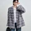 #2642 Women's Mid Length Rex Rabbit Fur Coat, Horizontal Striped Luxury Winter Outerwear.C