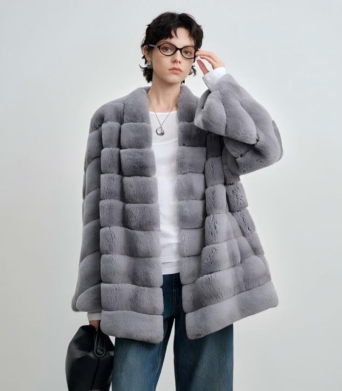 #2642 Women's Mid Length Rex Rabbit Fur Coat, Horizontal Striped Luxury Winter Outerwear.C