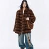 #2642 Women's Mid Length Rex Rabbit Fur Coat, Horizontal Striped Luxury Winter Outerwear.B