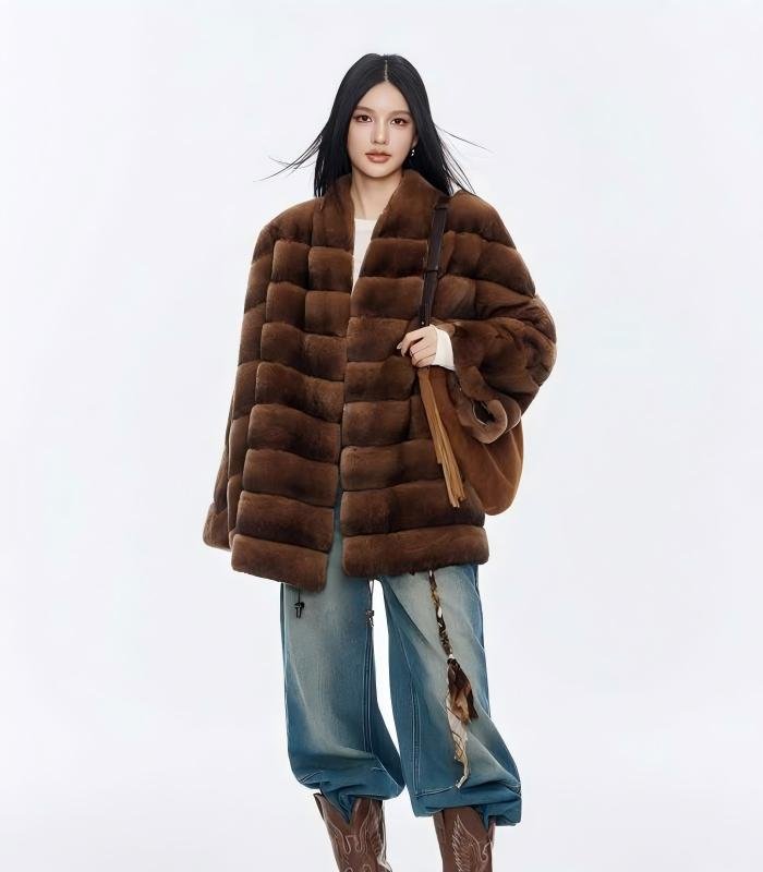 #2642 Women's Mid Length Rex Rabbit Fur Coat, Horizontal Striped Luxury Winter Outerwear.B