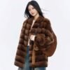 #2642 Women's Mid Length Rex Rabbit Fur Coat, Horizontal Striped Luxury Winter Outerwear.A