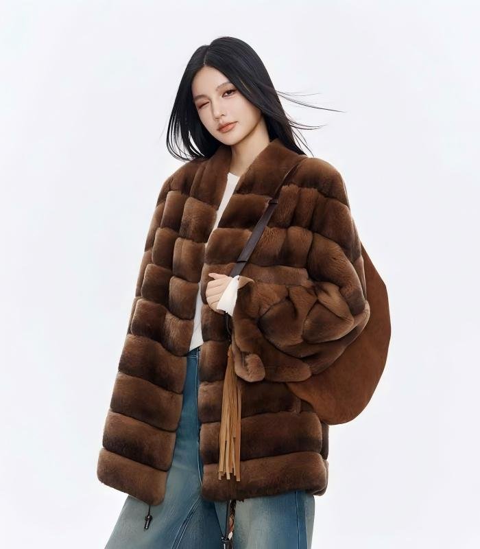 #2642 Women's Mid Length Rex Rabbit Fur Coat, Horizontal Striped Luxury Winter Outerwear.A