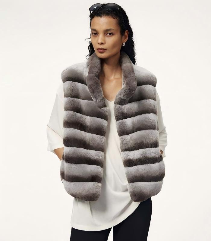 Frost‑dyed 5A‑Grade Whole‑Skin Rex Rabbit Horizontal‑Strip Fur‑Trimmed Leather Gilet Vest, Round/Stand‑Up Collar - Image 4
