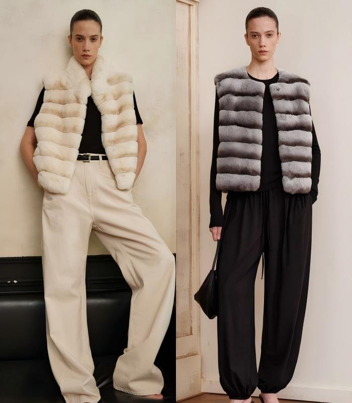 Frost‑dyed 5A‑Grade Whole‑Skin Rex Rabbit Horizontal‑Strip Fur‑Trimmed Leather Gilet Vest, Round/Stand‑Up Collar - Image 2