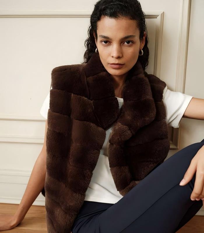 Frost‑dyed 5A‑Grade Whole‑Skin Rex Rabbit Horizontal‑Strip Fur‑Trimmed Leather Gilet Vest, Round/Stand‑Up Collar - Image 3