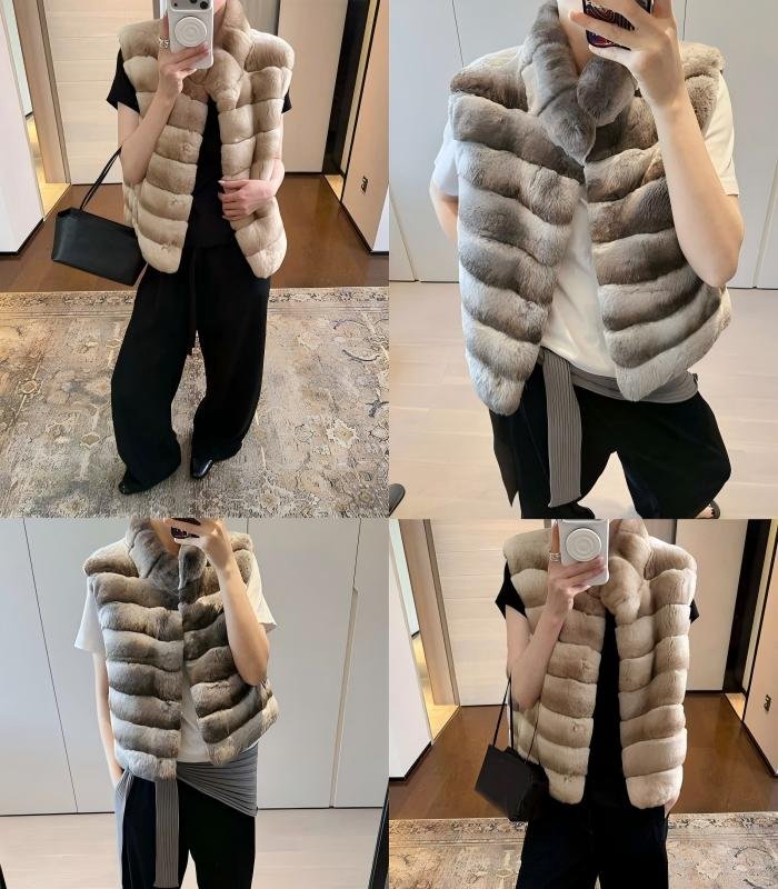 Frost‑dyed 5A‑Grade Whole‑Skin Rex Rabbit Horizontal‑Strip Fur‑Trimmed Leather Gilet Vest, Round/Stand‑Up Collar - Image 5