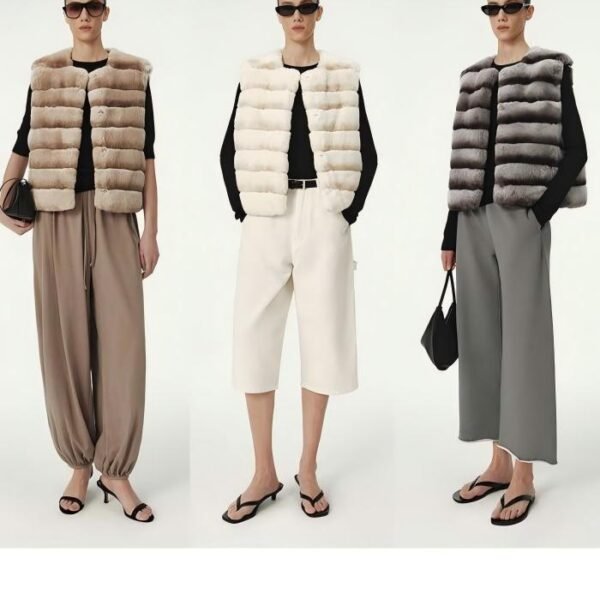 Frost‑dyed 5A‑Grade Whole‑Skin Rex Rabbit Horizontal‑Strip Fur‑Trimmed Leather Gilet Vest, Round/Stand‑Up Collar