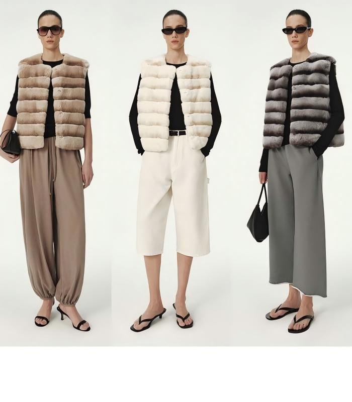 Frost‑dyed 5A‑Grade Whole‑Skin Rex Rabbit Horizontal‑Strip Fur‑Trimmed Leather Gilet Vest, Round/Stand‑Up Collar