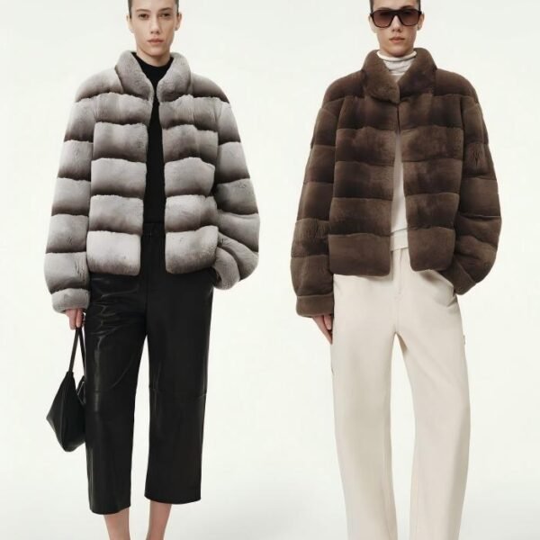 #2645 Women's Short Rex Rabbit Fur Jacket, Grey Chinchilla Striped Luxury Winter Fur Coat.D