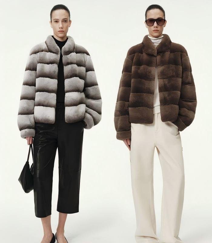 #2645 Women's Short Rex Rabbit Fur Jacket, Grey Chinchilla Striped Luxury Winter Fur Coat.D