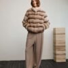 #2645 Women's Short Rex Rabbit Fur Jacket, Grey Chinchilla Striped Luxury Winter Fur Coat.C