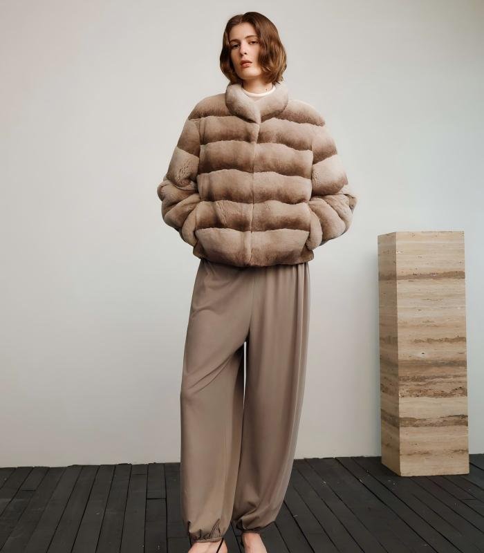 #2645 Women's Short Rex Rabbit Fur Jacket, Grey Chinchilla Striped Luxury Winter Fur Coat.C