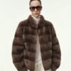 #2645 Women's Short Rex Rabbit Fur Jacket, Grey Chinchilla Striped Luxury Winter Fur Coat.B