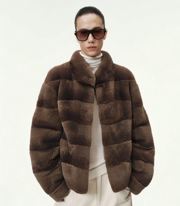 #2645 Women's Short Rex Rabbit Fur Jacket, Grey Chinchilla Striped Luxury Winter Fur Coat.B
