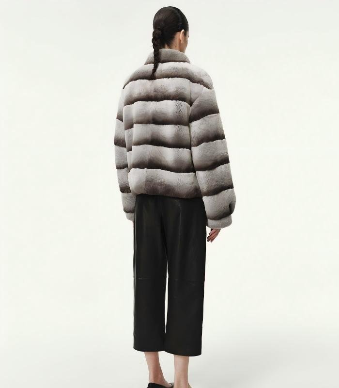 #2645 Women's Short Rex Rabbit Fur Jacket, Grey Chinchilla Striped Luxury Winter Fur Coat.A