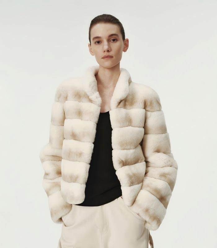 #2646 Women's Short Rex Rabbit Fur Jacket, Horizontal Striped Luxury Winter Fur Coat.E