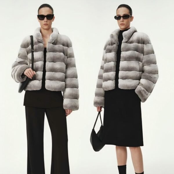 #2646 Women's Short Rex Rabbit Fur Jacket, Horizontal Striped Luxury Winter Fur Coat.D #2646 Women's Short Rex Rabbit Fur Jacket.A