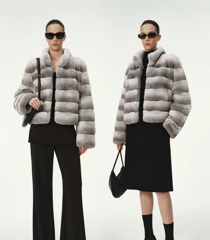 #2646 Women's Short Rex Rabbit Fur Jacket, Horizontal Striped Luxury Winter Fur Coat.D #2646 Women's Short Rex Rabbit Fur Jacket.A