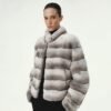 #2646 Women's Short Rex Rabbit Fur Jacket, Horizontal Striped Luxury Winter Fur Coat.C