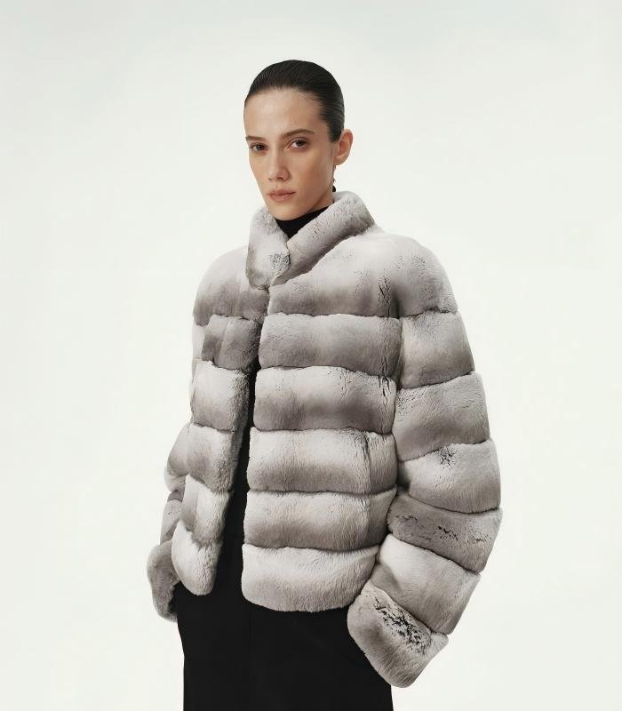 #2646 Women's Short Rex Rabbit Fur Jacket, Horizontal Striped Luxury Winter Fur Coat.C