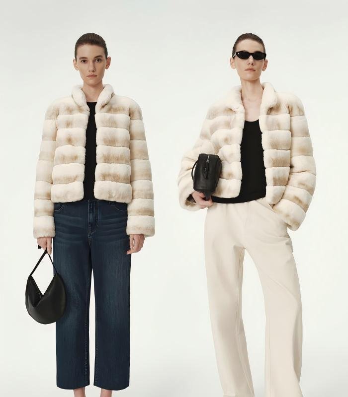 #2646 Women's Short Rex Rabbit Fur Jacket, Horizontal Striped Luxury Winter Fur Coat.B