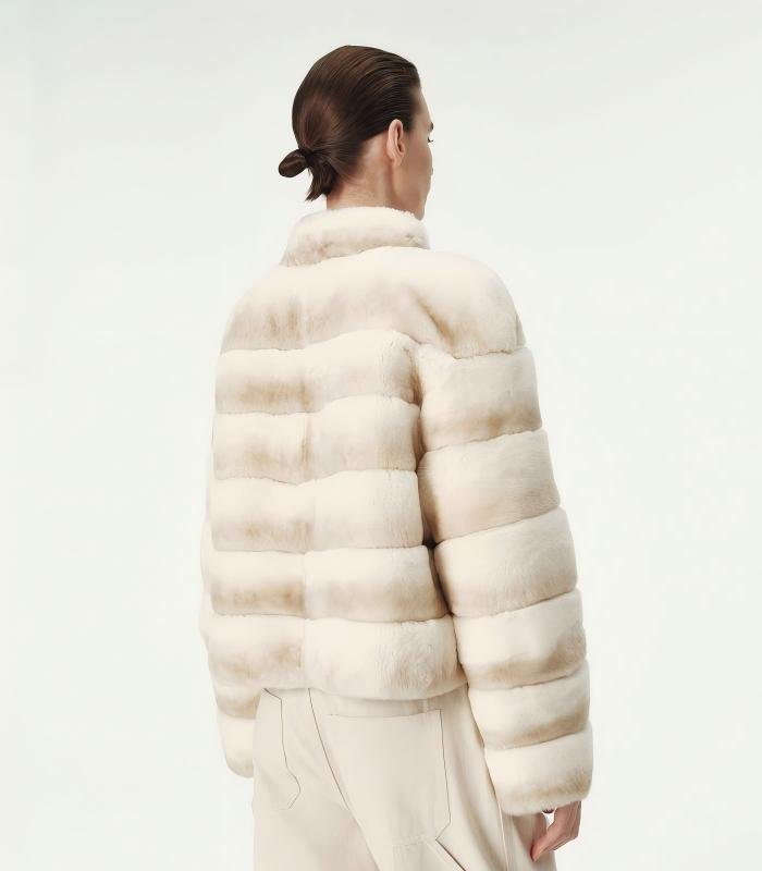 #2646 Women's Short Rex Rabbit Fur Jacket, Horizontal Striped Luxury Winter Fur Coat.A