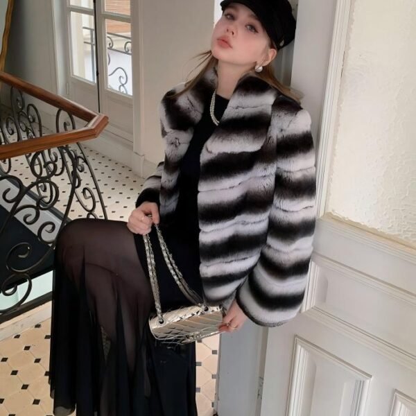 2647 Women's Short Rex Rabbit Fur Coat, Black Chinchilla Stripe Luxury Winter Fur Outerwear.D