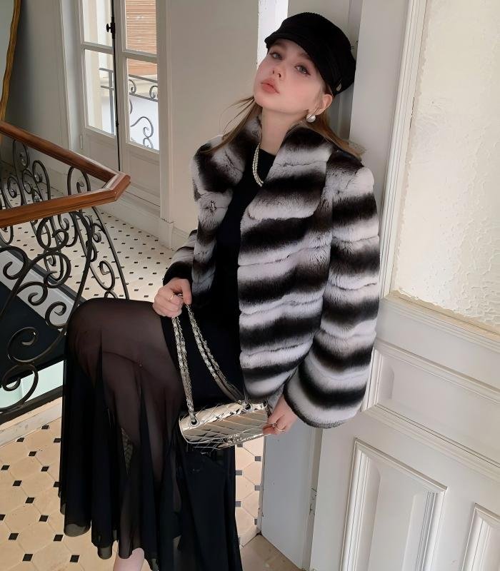 2647 Women's Short Rex Rabbit Fur Coat, Black Chinchilla Stripe Luxury Winter Fur Outerwear.D