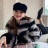 2647 Women's Short Rex Rabbit Fur Coat, Black Chinchilla Stripe Luxury Winter Fur Outerwear.B