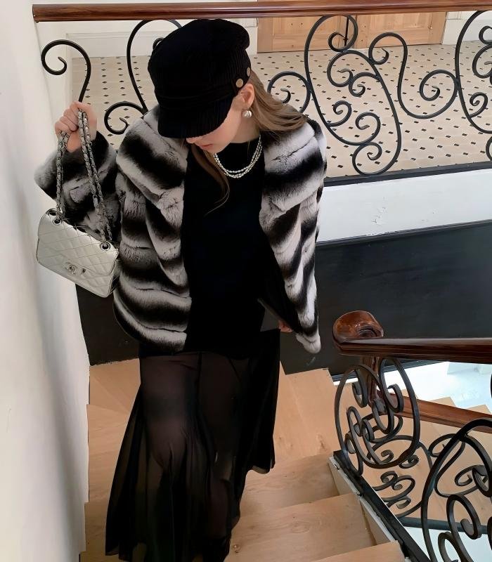 2647 Women's Short Rex Rabbit Fur Coat, Black Chinchilla Stripe Luxury Winter Fur Outerwear.A